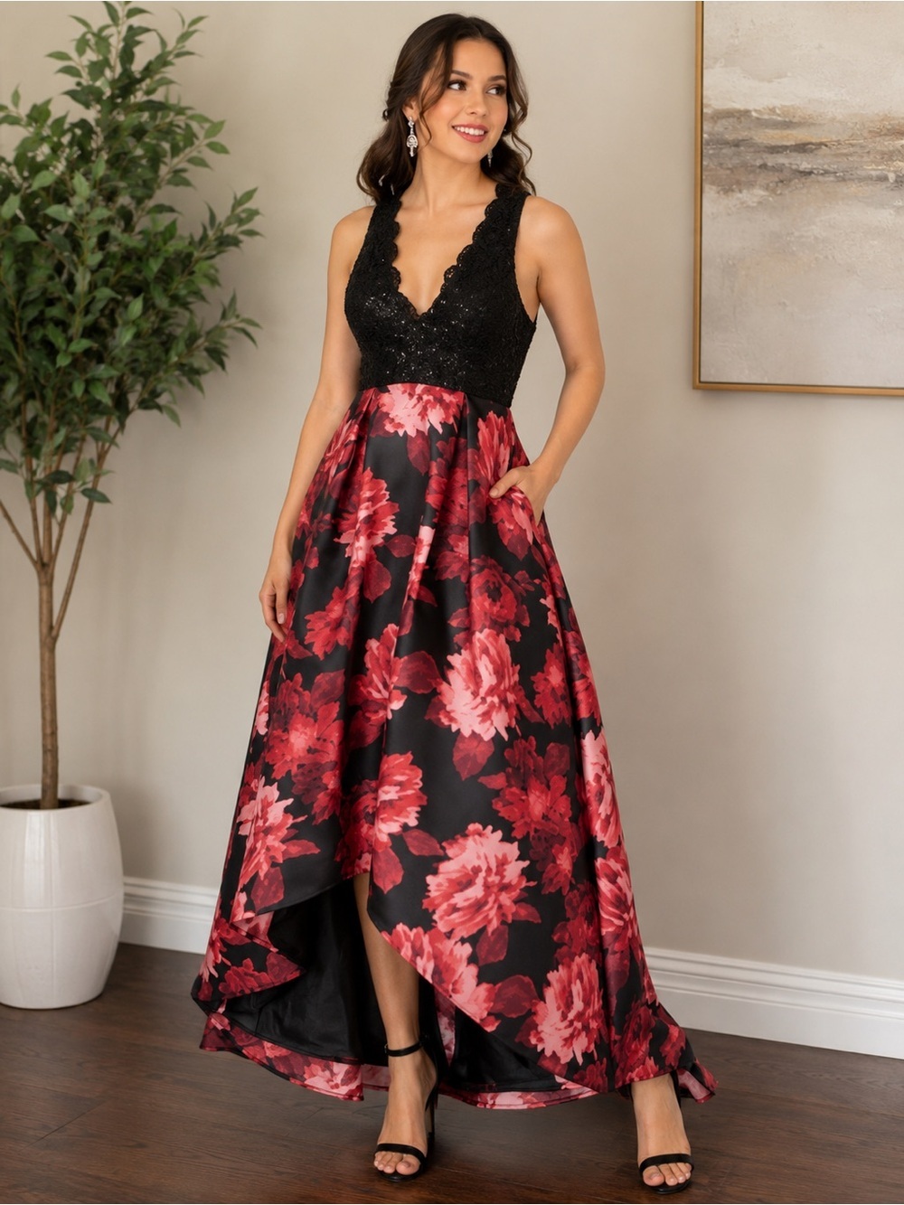JUMP Apparel Black Lace & Floral High-Low Formal Dress Size 9/10 Prom Evening